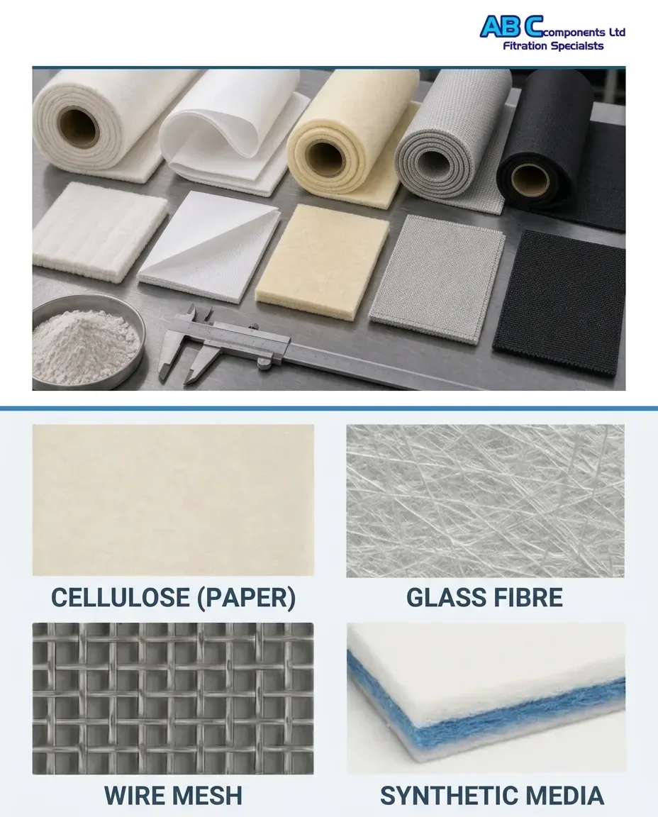 Filter media used in bespoke manufacture: cellulose, glass fibre, wire mesh and synthetic
