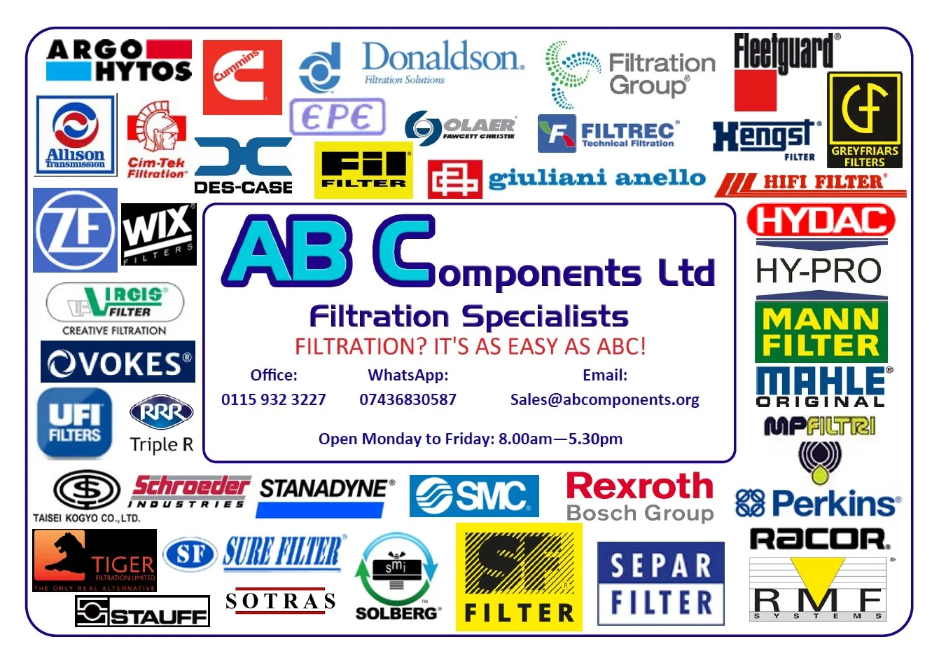 The filtration brands stocked and supplied by AB Components