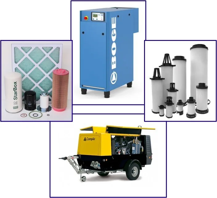 Compressor filter kits, with element sets for common machine models