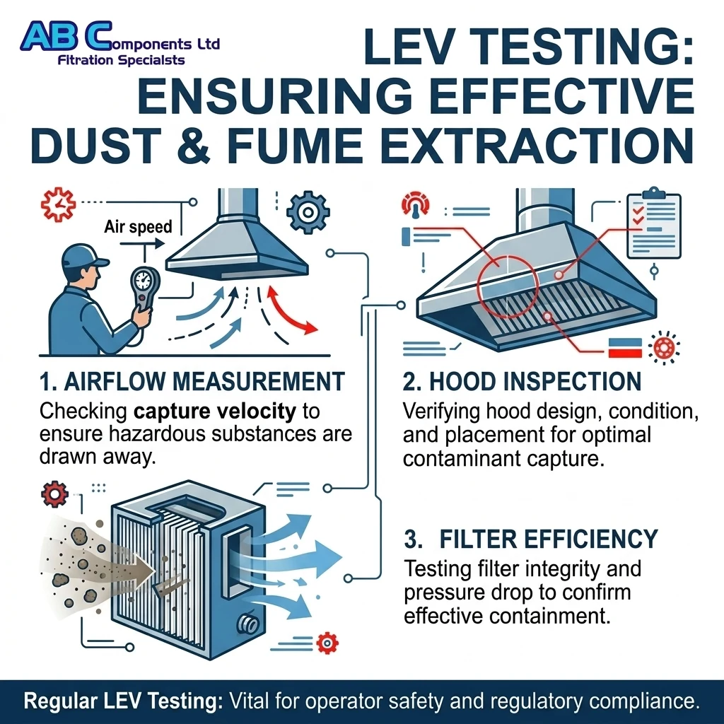 What an LEV test covers: airflow measurement, checking capture velocity so hazardous substances are drawn away; hood inspection, verifying hood design, condition and placement; and filter efficiency, testing filter integrity and pressure drop to confirm containment.