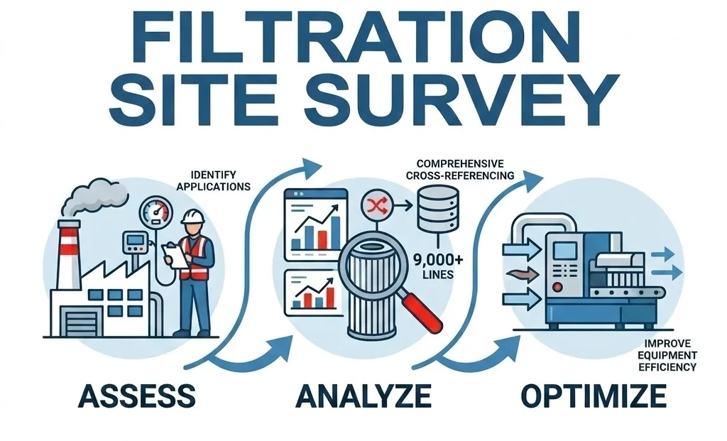 The three stages of a filtration site survey: assess, identifying every filtration application on site; analyse, cross-referencing against more than 9,000 lines; and optimise, improving equipment efficiency.