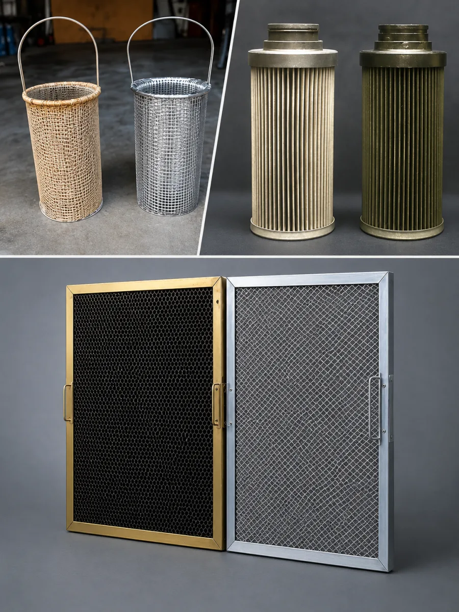 Basket strainers and panel filters of the type suited to ultrasonic cleaning